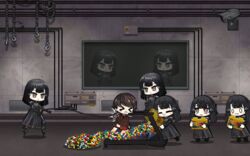  &gt;_&lt; 1boy 6+girls android anna_(girls&#039;_frontline) black_hair chibi commander_(girls&#039;_frontline) commentary english_commentary girls&#039;_frontline griffin_&amp;_kryuger_military_uniform interrogation korean_commentary lego lego_brick multiple_girls nyto_(generic)_(girls&#039;_frontline) nyto_(girls&#039;_frontline) nyto_larvae_(girls&#039;_frontline) o_o paradeus saru_(style) security_camera short_hair smile the_mad_mimic torture treadmill whip whipping window 