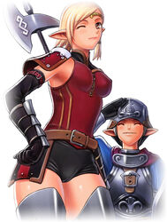  1boy ;) ^_^ altennia arm_belt arm_guards asymmetrical_hair belt belt_buckle black_gloves black_shorts blonde_hair breasts brown_belt brown_eyes buckle cameltoe circlet closed_eyes closed_mouth covered_nipples elbow_gloves elf elvaan female final_fantasy final_fantasy_xi gloves grey_headwear hand_on_own_hip helmet lips medium_breasts no_bra one_eye_closed pink_lips pointy_ears red_belt red_shirt salute shirt short_hair short_shorts shorts sideboob simple_background sleeveless sleeveless_shirt smile standing taisai_soft thighhighs weapon white_background 