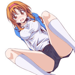  black_shorts blue_jacket blush braid bralines breasts brown_eyes brown_hair d-frag! dutch_angle female frown gym_shirt gym_shorts hairband heart jacket kikuchi_tsutomu kneehighs lace lace-trimmed_panties lace_trim long_hair looking_at_viewer medium_breasts open_clothes open_jacket open_mouth orange_panties painttool_sai_(medium) panties panty_peek shirt shorts simple_background sitting socks solo sweat takao_(d-frag!) track_jacket underwear upshorts white_background white_shirt white_socks 