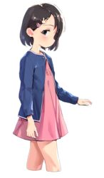  black_hair blue_jacket blush closed_mouth commentary_request cropped_legs djheycha dress female from_side grey_eyes hair_ornament hairclip highres idolmaster idolmaster_cinderella_girls jacket looking_at_viewer pink_dress sasaki_chie short_hair solo standing white_background 