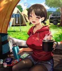  bad_id bad_twitter_id blush breasts brown_eyes brown_hair coffee_mug commentary_request cup day denim denim_shorts female flask grass hood hood_down hoodie large_breasts looking_at_viewer low_twintails mountainous_horizon mug nature original outdoors outstretched_hand pantyhose samemanma scenery seiza short_twintails shorts sitting solo_focus steam tent twintails 