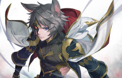  1boy animal_ears blue_eyes cape commentary_request erune gloves granblue_fantasy grey_hair highres hood male_focus mask mole mole_under_eye seox_(granblue_fantasy) simple_background solo tekki_(tki) white_cape 