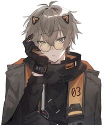  1boy absurdres alban_knox alban_knox_(1st_costume) animal_ears brown_hair cat_ears commentary earrings english_commentary fake_animal_ears gloves green_eyes grey_eyes head_rest heterochromia highres jacket jewelry kota_tsumi long_sleeves looking_at_viewer male_focus nijisanji nijisanji_en pale_skin solo upper_body virtual_youtuber 