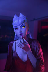  absurdres applying_makeup bedroom black_nightgown black_robe blurry blurry_background bokeh breasts center_opening cleavage cone_hair_bun cosmetics dark_background demon_girl depth_of_field drop_earrings earrings evelynn_(league_of_legends) eyeshadow female fingernails hair_bun highres holding holding_lipstick_tube jewelry k/da_(league_of_legends) k/da_all_out_evelynn kudos3d league_of_legends lipstick lipstick_tube long_hair long_sleeves looking_to_the_side makeup night nightgown nose open_clothes open_robe parted_lips pom_pom_(clothes) pom_pom_earrings purple_background purple_eyeshadow purple_lips purple_lipstick_tube raised_eyebrows robe sharp_fingernails slit_pupils snake_girl solo the_diva upper_body white_hair wide_sleeves yellow_eyes 