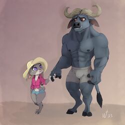  1:1 age_difference anthro bottomwear bovid bovine bulge cape_buffalo chief_bogo clothed clothing cloven_hooves dewclaw_hooves digitigrade disney duo eye_scar facial_scar female floppy_ears fur grey_body grey_fur hand_holding hat headgear headwear hi_res holding_finger hooves horn interspecies judy_hopps lagomorph leporid long_ears looking_at_another love male male/female mammal multicolored_body multicolored_fur muscular muscular_male navel notched_ear orange_eyes pecs purple_eyes rabbit romantic romantic_couple scar shorts size_difference skimpy smile story story_in_description sun_hat tail_fluff tail_puff unguligrade white_body white_fur wrenchthrower zootopia 