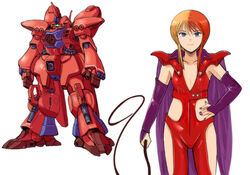  blonde_hair blue_eyes bridal_gauntlets chara_soon chara_soon_(cosplay) closed_mouth collarbone cosplay cowboy_shot detached_sleeves energy_cannon female flat_chest gacha-m geymalk gundam gundam_zz hair_between_eyes hand_on_own_hip holding long_sleeves looking_at_viewer mecha mobile_suit multicolored_hair muzzle nail_polish purple_nails purple_sleeves puru_two red_hair robot short_hair_with_long_locks sidelocks smile solo standing two-tone_hair whip 