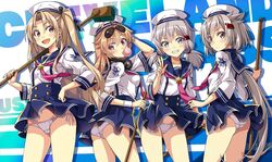  4girls azur_lane blonde_hair blowing_bubbles blue_eyes cleveland_(azur_lane) columbia_(azur_lane) commentary denver_(azur_lane) dress eagle_union_(emblem) eyewear_on_head grey_hair hair_flaps hair_ornament hairclip hat long_hair low_ponytail macaroni_hourensou montpelier_(azur_lane) multiple_girls one_side_up panties pantyshot red_eyes sailor_collar sailor_dress sailor_hat short_hair side-tie_panties sunglasses underwear upskirt 