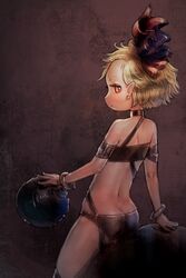  absurdres blonde_hair butt_crack colored_eyelashes commentary_request earrings female flat_chest hair_ribbon highres jewelry looking_at_viewer pointy_ears red_eyes red_ribbon ribbon rumia short_hair solo stud_earrings touhou yst 