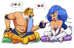  1boy animal_ears animal_hands bare_shoulders big_hair blue_eyes blue_gloves blue_hair body_fur breasts cat_ears cat_tail cleavage command_input commentary crossover dark_skin english_commentary fangs felicia_(vampire) female fingerless_gloves gloves highres indian_style king_(tekken) long_hair looking_at_another medium_breasts michafrar open_mouth simple_background sitting speech_bubble tail tekken towel trait_connection vampire_(game) white_background 