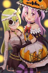  2girls alina_gray alina_gray_(halloween_ver.) aqua_eyes bad_id bad_twitter_id bandaged_arm bandages bare_shoulders black_choker black_gloves blonde_hair blush bow bubble_skirt capelet chains choker closed_mouth dress gloves green_hair halloween_costume highres jack-o&#039;-lantern long_hair looking_at_viewer magia_record:_mahou_shoujo_madoka_magica_gaiden magical_girl mahou_shoujo_madoka_magica mask_over_one_eye medium_hair misono_karin misono_karin_(halloween_ver.) multicolored_clothes multiple_girls na_bia official_alternate_costume open_mouth orange_dress parted_bangs pink_bow pumpkin purple_hair purple_thighhighs sarashi single_hair_ring sitting sitting_on_person skirt smile star_(symbol) striped_clothes striped_thighhighs thighhighs two_side_up v 