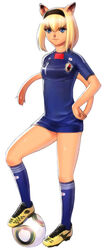  :3 adventurer_(ff11) animal_ears animal_nose ball black_hairband blonde_hair blue_eyes blue_shirt blue_socks breasts cat_ears cat_girl cat_tail cleats closed_mouth female final_fantasy final_fantasy_xi full_body hair_between_eyes hairband hand_on_own_hip kneehighs long_shirt medium_breasts medium_hair mithra_(ff11) shirt shoes short_hair short_sleeves simple_background smile soccer_ball soccer_uniform socks solo sportswear standing tail tail_raised taisai_soft white_background yellow_footwear 