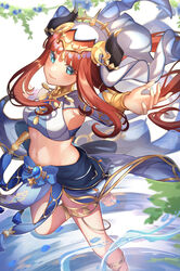  absurdres armpits blue_bow blue_eyes blue_gemstone blue_skirt blunt_bangs bow bracer breasts brooch circlet closed_mouth crop_top fake_horns female floating_hair gem genshin_impact gladiator_sandals gold_choker gold_footwear highres horns jewelry leg_up long_hair long_sleeves midriff natsuki_yoru navel nilou_(genshin_impact) outstretched_hand red_hair sandals skirt small_breasts smile solo stomach thighlet twintails veil vision_(genshin_impact) water white_headwear white_veil 