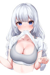  absurdres azumake_(azumakei) bangs blue_eyes blunt_bangs blush breasts cleavage clothes_in_mouth clothes_lift collarbone drill_hair female grey_hair grey_sports_bra hands_up highres lifted_by_self long_hair looking_at_viewer low_twintails mouth_hold original shirt shirt_in_mouth shirt_lift short_sleeves simple_background solo sports_bra twin_drills twintails upper_body white_background white_shirt 