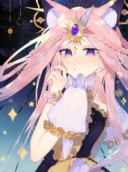  animal_ears bad_id bad_twitter_id braid female frilled_shirt frills hair_ornament hand_on_own_face highres horns long_hair looking_away mizumi_zumi open_mouth original pink_hair puffy_short_sleeves puffy_sleeves purple_eyes shirt short_sleeves single_horn solo sparkle wrist_cuffs 