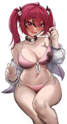  a_big_brother alternate_costume bare_shoulders bikini blush breasts female goddess_of_victory:_nikke hair_ornament hairclip highres looking_at_viewer mast_(a_pirate&#039;s_heart)_(nikke) mast_(nikke) nail_polish navel oerba_yun_fang official_alternate_costume open_mouth pink_bikini pink_nails red_hair simple_background skin_fang skull_choker skull_print solo swimsuit twintails white_background 