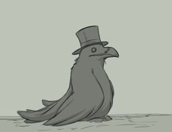  ambiguous_gender avian beak bird cel_shading clothing corvid corvus_(genus) crow feathers feral greyscale hat headgear headwear katai monochrome oscine passerine raven shaded simple_background solo top_hat 