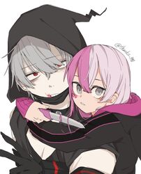  #compass 1boy bad_id bad_pixiv_id black_gloves deitaku facial_mark female fingernails gloves grey_eyes grey_hair hair_between_eyes heart highres holding holding_knife holding_weapon hood hood_down hood_up hug hug_from_behind knife long_hair looking_at_viewer megumegu multicolored_hair parted_lips pectorals pink_hair purple_hair red_eyes scar scar_on_face scar_on_mouth simple_background sleeves_past_wrists teeth thirteen_(#compass) twitter_username upper_body v weapon white_background 