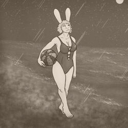  1:1 anthro ball barefoot beach beach_ball breasts cleavage clothed clothing feet female inflatable kaia_(sojourn) lagomorph leporid mammal oneflymagpie rabbit raining seaside solo swimwear 