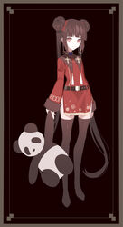  belt belt_buckle border brown_eyes brown_hair brown_thighhighs buckle closed_mouth commentary cross double_bun earrings eyeshadow female fur_trim hair_bun high_heels highres holding holding_stuffed_toy jewelry long_hair makeup original panda patterned patterned_clothing sleeves_past_wrists solo standing stuffed_animal stuffed_toy symbol-only_commentary thighhighs tsuki-shigure twintails very_long_hair 