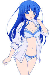  aoki_reika blue_bra blue_eyes blue_hair blue_panties blue_shirt blush bow bow_bra bow_panties bra breasts cleavage collared_shirt cowboy_shot female groin hair_ornament hairclip hand_in_own_hair kikuchi_tsutomu lace lace-trimmed_panties lace_trim long_hair long_sleeves looking_at_viewer medium_breasts navel no_pants open_clothes open_mouth open_shirt painttool_sai_(medium) panties precure shirt simple_background sleeves_rolled_up smile_precure solo standing underwear white_background 