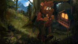  16:9 2021 anthro bear beard bottomwear brown_body brown_fur cabin clothing detailed_background facial_hair fur hi_res humanoid_hands male mammal moustache outside pants plant shirt solo srfennec topwear tree widescreen 