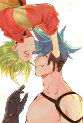  2boys bae_(baebae) black_gloves blue_hair colored_eyelashes cradling_head earrings eyes_visible_through_hair galo_thymos gloves green_hair half_gloves highres jewelry lio_fotia male_focus multiple_boys promare purple_eyes upside-down 