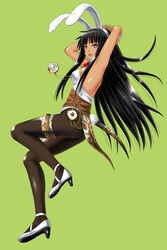  animal_ears ano_hito armpits arms_up black_hair breasts brown_eyes commentary_request detached_collar fake_animal_ears fake_tail female from_side full_body green_background high_heels long_hair looking_at_viewer medium_breasts nontraditional_playboy_bunny open_mouth original pantyhose rabbit_ears rabbit_tail smile solo stopwatch stopwatch_around_neck tail tan thigh_strap very_long_hair wrist_cuffs 