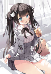  black_hair blue_eyes blush bow bowtie bubble_tea cup curtains dress drinking_straw female hair_ornament hairclip holding hoshino_koucha long_hair long_sleeves looking_at_viewer open_mouth original smile thighs twintails uniform 