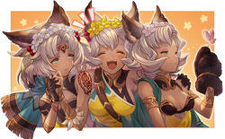  3girls animal_ears animal_hands armlet backless_outfit between_breasts blush bored bracelet breasts bug butterfly closed_eyes dark_skin erune facial_mark felluca flower forehead_mark gloves granblue_fantasy green_eyes green_hair hair_flower hair_ornament hand_on_another&#039;s_shoulder happy highres jewelry leaf_hair_ornament long_hair melleau multiple_girls nemone nervous notice_lines official_art open_mouth parted_lips paw_gloves short_hair siblings single_glove sisters small_breasts strap_between_breasts tattoo upper_body 