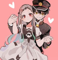  1boy :t bad_id bad_pixiv_id black_hair blush commentary_request dress female gakuran gakuseibou hanako_(jibaku_shounen_hanako-kun) hat heart holding_hands jibaku_shounen_hanako-kun joman long_hair long_sleeves magatama_hair_ornament multicolored_hair ofuda pink_background pink_eyes puffy_sleeves sailor_collar school_uniform short_sleeves smile yashiro_nene yellow_eyes 