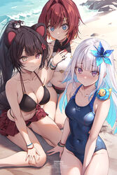  3girls ange_katrina animal_ears bare_arms bare_shoulders beach bead_bracelet beads bikini bikini_skirt black_bikini black_hair blue_eyes blue_hair blue_one-piece_swimsuit bracelet breast_envy breasts cleavage closed_mouth collarbone colored_inner_hair covered_navel dog_ears flower front-tie_bikini_top front-tie_top hair_flower hair_ornament halterneck hand_on_own_chest hand_on_own_knee heterochromia highres inui_toko jewelry kuro-kun_(nablack) large_breasts lize_helesta long_hair looking_at_viewer medium_breasts multi-strapped_bikini multicolored_hair multiple_girls navel nijisanji old_school_swimsuit one-piece_swimsuit ponytail purple_eyes red_eyes red_hair sanbaka_(nijisanji) school_swimsuit sebastian_piyodore short_hair smile stomach streaked_hair string_bikini swimsuit thighs two-tone_hair very_long_hair virtual_youtuber white_hair yellow_eyes 