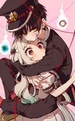  1boy black_footwear black_hair black_headwear black_jacket black_pants blue_hair blush brown_eyes closed_mouth commentary_request dress female gakuran gakuseibou gradient_hair grey_hair hanako_(jibaku_shounen_hanako-kun) hat highres hug jacket jibaku_shounen_hanako-kun leg_lock long_hair looking_at_viewer magatama magatama_hair_ornament multicolored_hair ofuda pants peaked_cap piyokichi puffy_short_sleeves puffy_sleeves school_uniform shirt shoes short_sleeves standing_leg_lock very_long_hair white_dress white_shirt yashiro_nene 