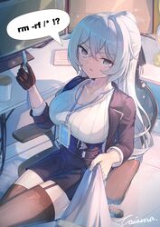  absurdres alternate_costume black_gloves black_jacket black_thighhighs breasts bronya_zaychik bronya_zaychik_(outstanding_attitude)_(honkai_impact) bronya_zaychik_(silverwing:_n-ex) caisena chair cleavage clothes_grab collarbone collared_jacket commentary computer_keyboard crossed_bangs crossed_legs cup desk drill_hair female flash_drive garter_straps gloves grey_eyes grey_hair half_gloves half_updo high-waist_shorts highres honkai_(series) honkai_impact_3rd id_card jacket lanyard large_breasts long_hair looking_at_viewer monitor mug multiple_monitors office office_chair office_lady official_alternate_costume on_chair open_clothes open_jacket parted_lips pink_pupils ponytail shell_(programming_language) shirt shorts sidelocks signature single_garter_strap single_glove single_half_glove sitting solo speech_bubble striped_clothes striped_shirt swivel_chair thighhighs vertical-striped_clothes vertical-striped_shirt 