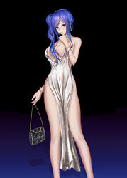  absurdres azur_lane backless_dress backless_outfit bag bare_shoulders blue_hair blue_nails breasts cleavage commentary dress earrings eeyoosekedooaat evening_gown female halter_dress halterneck handbag highres holding holding_bag jewelry large_breasts long_dress necklace official_alternate_costume plunging_neckline red_eyes revealing_clothes side_ponytail side_slit sidelocks silver_dress sleeveless sleeveless_dress solo st._louis_(azur_lane) st._louis_(luxurious_wheels)_(azur_lane) thighs 