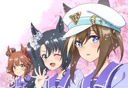  3girls animal_ears aston_machan_(umamusume) blush cherry_blossoms cheval_grand_(umamusume) commentary_request hair_ornament hat highres horse_ears horse_girl long_hair looking_at_viewer multiple_girls one_eye_closed petals portrait satono_crown_(umamusume) school_uniform short_hair_with_long_locks side_ponytail smile tracen_school_uniform tsuji_tomoko umamusume v 