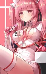  azur_lane blush bow breasts closed_mouth female gloves hairbow highres long_hair looking_at_viewer medium_breasts miimu_(nelreg3) nurse official_alternate_costume perseus_(azur_lane) perseus_(unfamiliar_duties)_(azur_lane) pink_gloves pink_hair red_eyes simple_background solo thighhighs thighs twintails unhappy white_thighhighs 