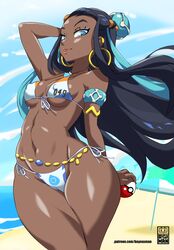  :p aqua_hair arm_behind_back arm_behind_head arm_up armlet artist_logo bayeuxman beach beach_umbrella belly_chain bikini black_hair blue_eyes blue_eyeshadow breasts commentary covered_nipples cowboy_shot dark-skinned_female dark_skin day earclip earrings eyelashes eyeshadow female floating_hair front-tie_bikini_top front-tie_top groin hair_bun holding holding_poke_ball hoop_earrings jewelry linea_alba long_hair looking_at_viewer makeup medium_breasts micro_bikini multicolored_eyes multicolored_hair navel nessa_(pokemon) ocean orange_eyes outdoors poke_ball pokemon pokemon_swsh sand shiny_skin side-tie_bikini_bottom single_hair_bun skindentation smile solo stomach swimsuit tongue tongue_out two-tone_hair umbrella very_long_hair water web_address wind 