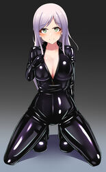  absurdres bodysuit breasts cleavage collarbone earrings female full-length_zipper green_eyes grey_hair high_heels highres ibusuki jewelry large_breasts latex latex_bodysuit long_hair original partially_unzipped skin_tight solo zipper zipper_pull_tab 