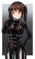  black_bodysuit bodysuit brown_hair female hand_on_own_hip harness highres ibusuki latex latex_bodysuit looking_at_viewer original shiny_clothes skin_tight smile solo twintails yellow_eyes 