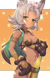  animal_ears animal_hands bare_shoulders black_gloves blush breasts brown_background cape commentary_request dark-skinned_female dark_skin erune female floral_background flower forehead gloves granblue_fantasy green_cape green_eyes grey_hair hair_flower hair_ornament highres looking_at_viewer medium_breasts melleau navel parted_bangs parted_lips paw_gloves pink_flower solo two-tone_background uneg white_background 