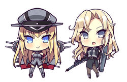  2girls akikaze_tsumuji armor belt bismarck_(kancolle) black_belt black_jacket black_necktie black_pantyhose black_skirt blonde_hair blue_eyes bomber_jacket breastplate cannon chibi detached_sleeves dress_shirt flight_deck full_body grey_eyes gun hat hornet_(kancolle) jacket kantai_collection long_hair looking_at_viewer machinery military military_hat military_uniform multiple_girls necktie pantyhose peaked_cap pencil_skirt rifle shirt simple_background skirt standing thighhighs uniform weapon weapon_case white_background white_shirt 