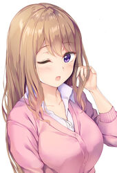  bad_id bad_twitter_id blush breasts brown_hair cardigan collarbone collared_shirt d; dress_shirt female highres inactive_account long_hair one_eye_closed open_mouth original pasdar pink_cardigan purple_eyes school_uniform shirt simple_background sleeves_pushed_up solo upper_body white_background white_shirt 