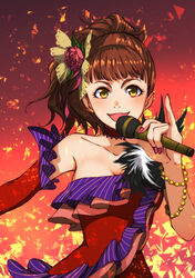  :d artistic_error bad_anatomy bare_shoulders beads breasts brown_eyes brown_hair cleavage curly_hair detached_sleeves dress ear_piercing eyebrows female flower hair_flower hair_ornament holding holding_microphone idolmaster idolmaster_cinderella_girls kaoru348 long_hair looking_at_viewer medium_breasts microphone ohnishi_yuriko open_mouth piercing pink_nails pinky_out red_background red_dress simple_background smile solo standing 