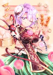  bamboo_steamer baozi bow bowl breasts bright_pupils bun_cover chains closed_mouth commentary_request cosplay cowboy_shot cuffs dango double_bun dress dumpling eyeball female floral_print flower food fruit green_skirt hair_between_eyes hair_bun hair_ornament hands_up head_tilt heart heart_hair_ornament highres holding holding_food ibaraki_kasen ibaraki_kasen_(cosplay) jiaozi komeiji_satori large_breasts looking_at_viewer mitarashi_dango nomayo one_eye_closed patterned_background peach puffy_sleeves purple_hair red_dress ribbon rose short_hair short_sleeves shumai_(food) skirt smile solo speech_bubble spoken_object tabard third_eye tongue tongue_out touhou wagashi white_pupils 