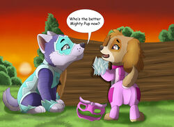  canid canine canis clothing comic_sans conditional_dnp costume dialogue domestic_dog duo english_text everest_(paw_patrol) female female/female feral hi_res husky mammal nordic_sled_dog paw_patrol raised_tail rockfall skye_(paw_patrol) speech_bubble spitz tail text trapped young young_feral 