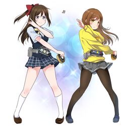  2girls artist_logo black_pantyhose blue_eyes blue_shirt blue_skirt blue_vest brown_hair cardigan closed_mouth commentary_request grey_skirt hair_between_eyes half_updo henshin_pose highres in-franchise_crossover kamen_rider kamen_rider_ooo_(series) kneehighs kunikida_hanamaru long_hair long_sleeves love_live! love_live!_nijigasaki_high_school_idol_club love_live!_sunshine!! maeda_kaori miniskirt multiple_girls nijigasaki_school_uniform osaka_shizuku pantyhose plaid plaid_skirt pleated_skirt pose rider_belt school_uniform shirt sidelocks skirt smile socks summer_uniform sweater_vest takatsuki_kanako uranohoshi_school_uniform vest voice_actor_connection yellow_cardigan yellow_eyes zero-theme 