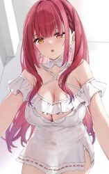  absurdres bare_shoulders blush breasts cleavage dress female halter_dress halterneck heterochromia highres hololive houshou_marine houshou_marine_(8th_costume) indoors large_breasts long_hair looking_at_viewer red_eyes red_hair solo virtual_youtuber white_dress yellow_eyes yoshinon_(yoshinon_kotori) 