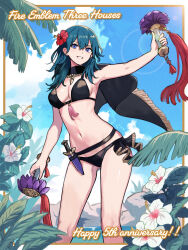  anniversary bikini black_bikini blue_eyes blue_hair breasts byleth_(female)_(fire_emblem) byleth_(female)_(summer)_(fire_emblem) byleth_(fire_emblem) cleavage copyright_name dagger female fire_emblem fire_emblem:_three_houses fire_emblem_heroes flower hair_between_eyes hair_flower hair_ornament happy_anniversary hibiscus highres knife looking_at_viewer navel official_alternate_costume smile solo swimsuit weapon yuurururun 