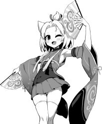  ;d armpits ass_visible_through_thighs azur_lane azur_lane:_slow_ahead detached_sleeves female flat_chest greyscale hand_fan hand_up holding holding_fan hori_(hori_no_su) japanese_clothes kimono looking_at_viewer monochrome oerba_yun_fang official_alternate_costume official_art one_eye_closed parted_bangs petite short_hair short_kimono shouhou_(azur_lane) shouhou_(retrofit)_(azur_lane) simple_background smile solo thighhighs white_background white_hair white_thighhighs wide_sleeves 