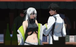  1boy absurdres bare_shoulders black_hair blue_eyes blurry breasts chaldea_uniform crop_top cropped_shirt depth_of_field fate/grand_order fate_(series) female fujimaru_ritsuka_(male) fujimaru_ritsuka_(male)_(decisive_battle_chaldea_uniform) green_eyes green_jacket hair_between_eyes highres holding jacket long_hair long_sleeves market midriff multicolored_clothes multicolored_hair multicolored_jacket navel open_clothes open_mouth paperpillar shirt short_hair shorts sleeveless smile two-tone_hair two-tone_jacket uesugi_kenshin_(fate) uesugi_kenshin_(second_ascension)_(fate) white_hair white_jacket white_shorts 